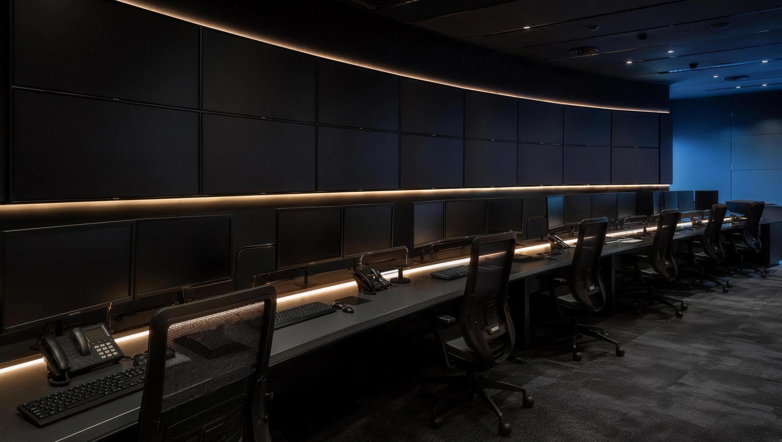 Dark command room with a curved wall of displays and a long production desk