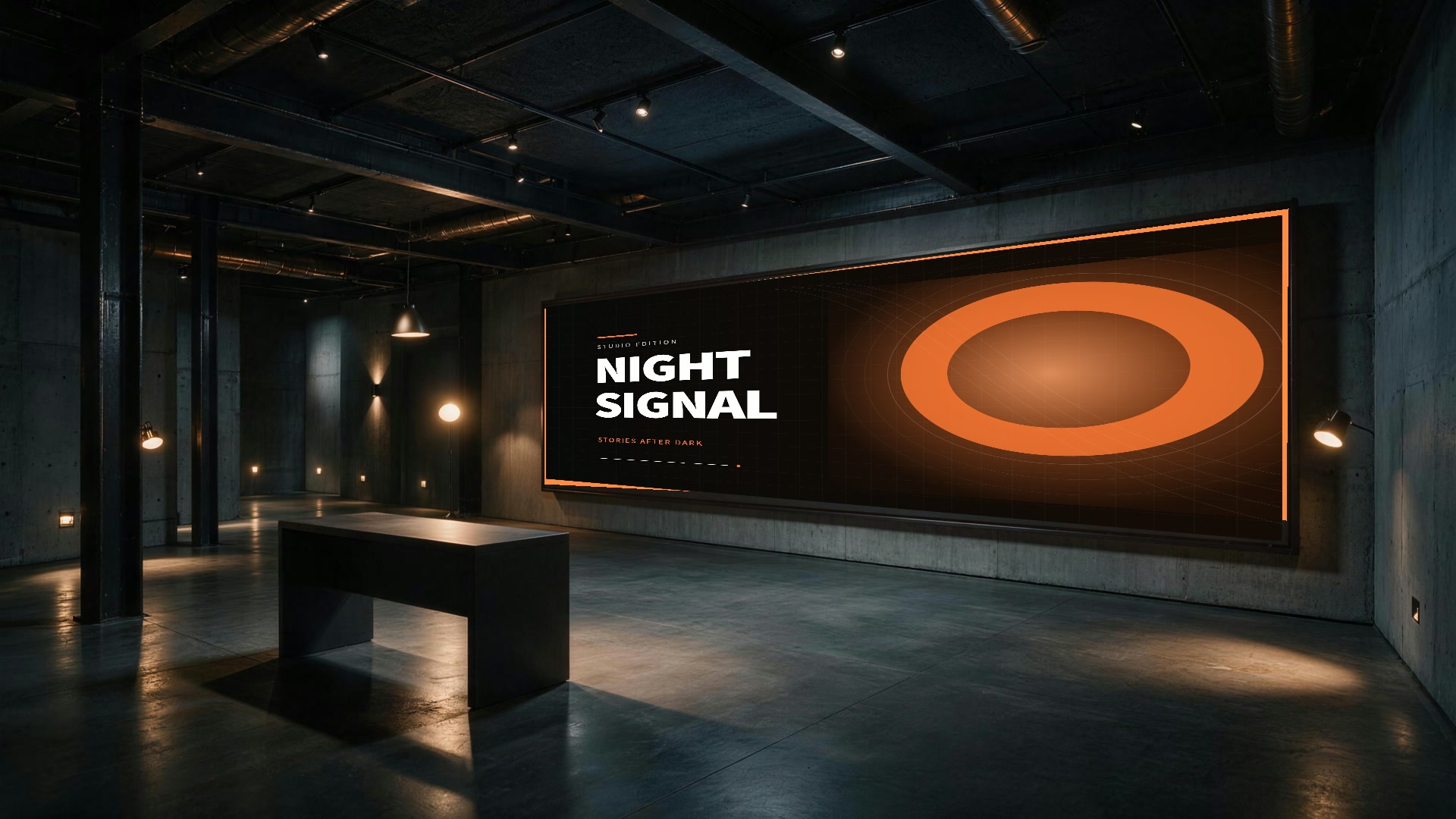 Dark concrete virtual studio with a black desk and a large wall screen showing an orange and black Night Signal title card