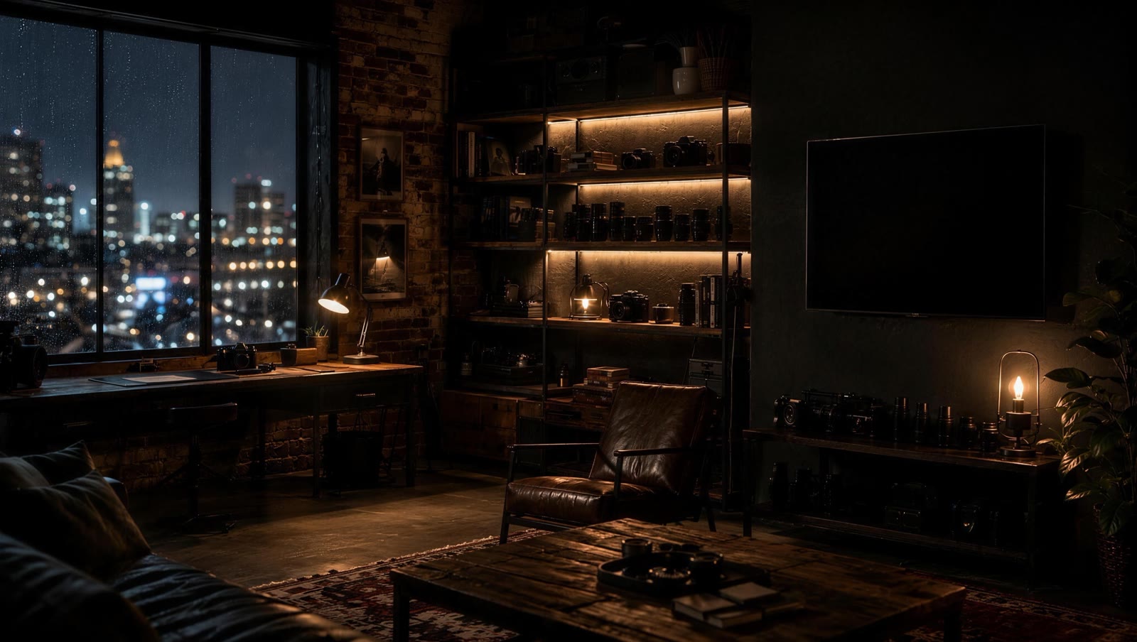 Moody night loft with city windows, camera shelving, and a wall display