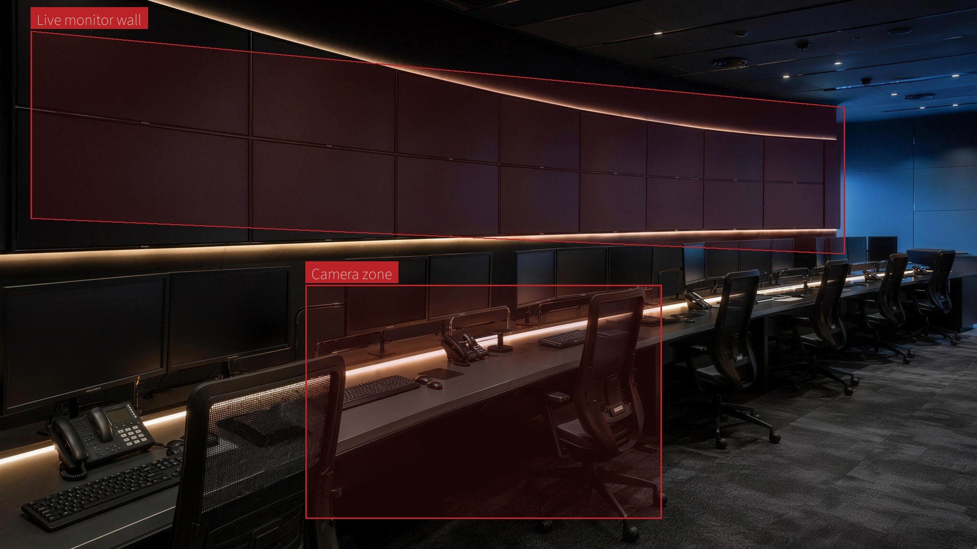 Dark command room with live display and camera zones marked