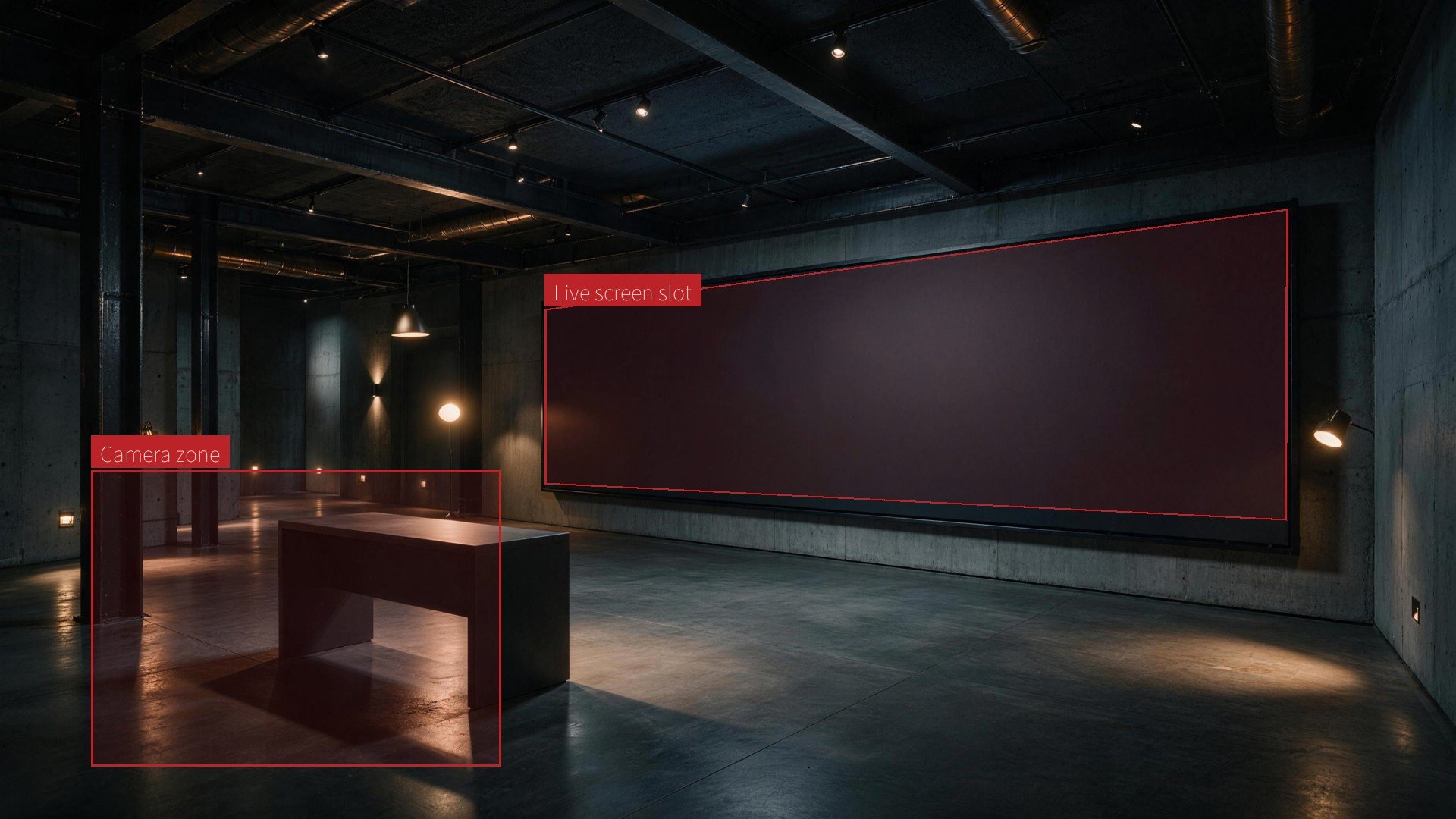 Dark virtual set with live screen and camera zones marked