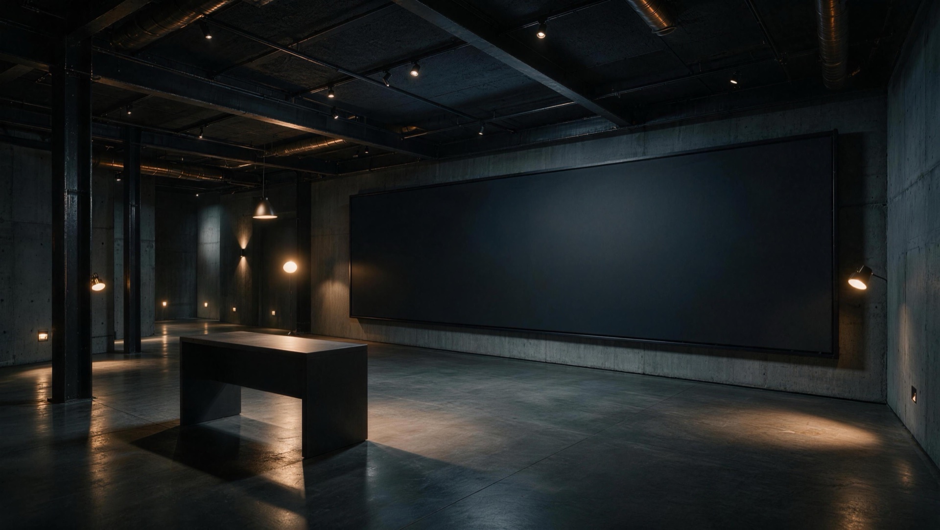 Dark virtual studio with a large live wall display and compact desk